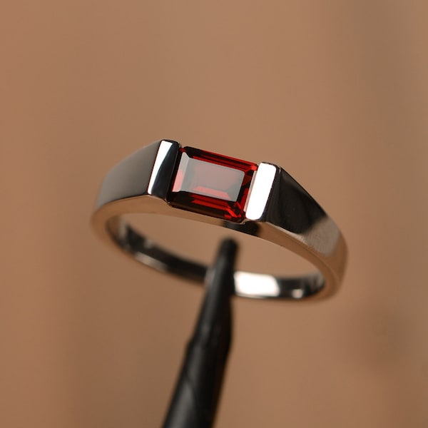 Garnet wedding solitaire ring sterling silver emerald cut horizontal ring January birthstone