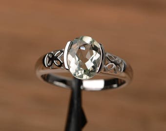 green amethyst ring oval cut sterling silver engagement ring bezel setting ring