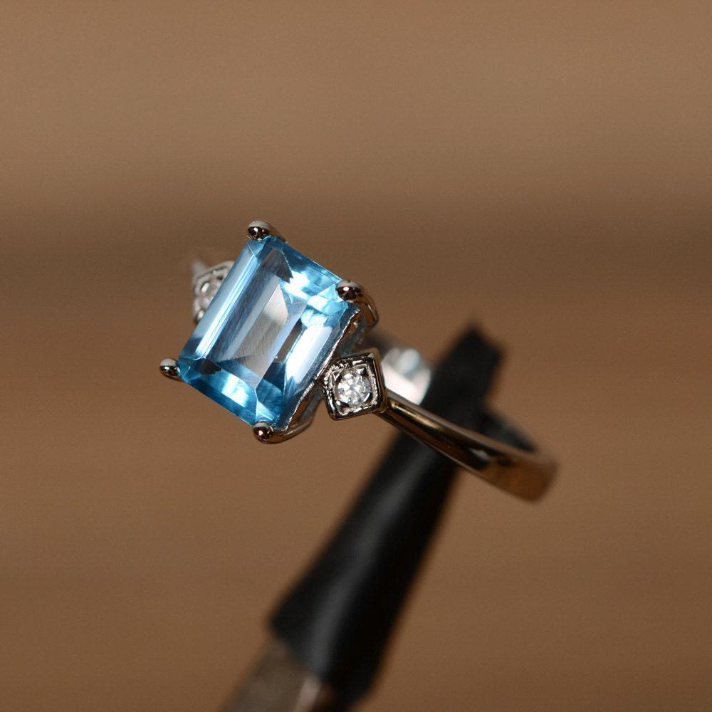 Swiss Blue Topaz Ring Emerald Cut Sterling Silver Engagement Ring for ...