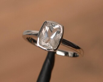 white topaz ring cushion cut topaz gemstone ring sterling silver solitaire ring promise ring for her