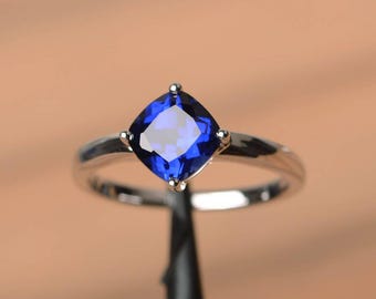 engagement ring blue sapphire ring September birthstone blue gemstone cushion cut gems sterling silver ring
