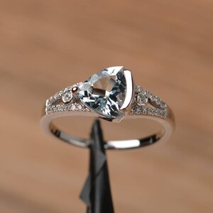 genuine aquamarine ring trillion cut March birthstone ring sterling silver wedding ring for women