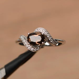 natural smoky quartz ring promise ring oval cut brown gemstone sterling silver ring