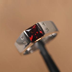 simple statement ring for men princess cut garnet ring sterling silver January birthstone ring