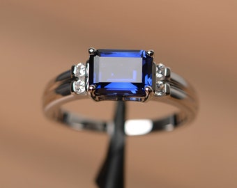 Lab saffier ring September geboortesteen ring smaragd geslepen blauwe edelsteen ring sterling zilveren verlovingsring