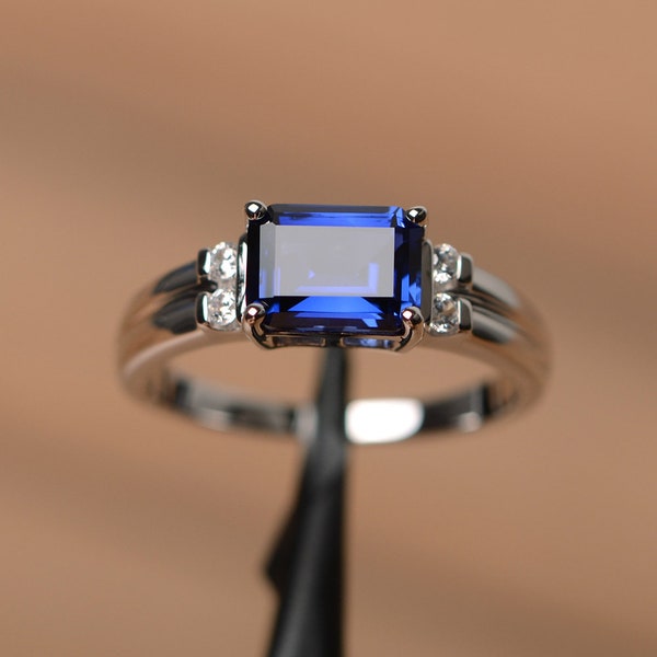 Lab sapphire ring September birthstone ring emerald cut blue gemstone ring sterling silver engagement ring