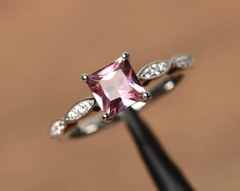 pink tourmaline ring October birthstone princess cut sterling silver anniversary ring