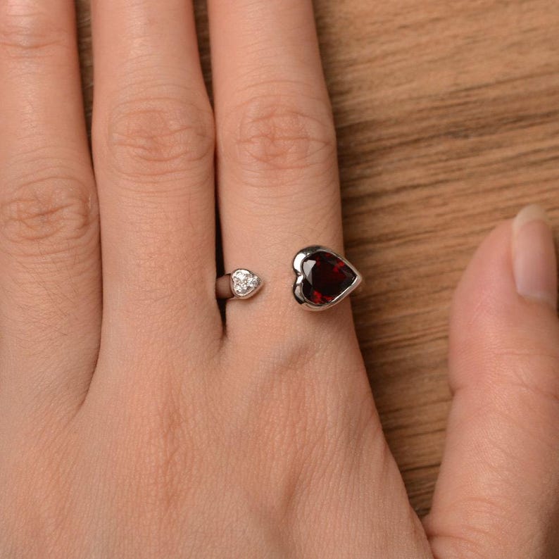 Heart cut red garnet ring sterling silver gemstone ring promise ring January birthstone ring image 4