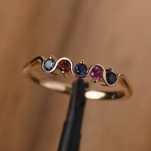 Multi-stone mothers ring 14k rose gold delicate stacking wedding band family birthstone