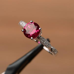 red ruby ring round cut sterling silver ring July birthstone ring engagement ring for her