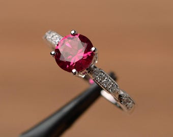red ruby ring round cut sterling silver ring July birthstone ring engagement ring for her