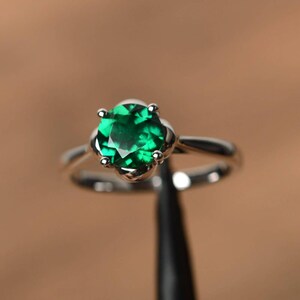 Emerald ring for women sterling silver round cut solitaire jewelry May birthstone