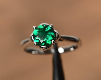 Emerald ring for women sterling silver round cut solitaire jewelry May birthstone