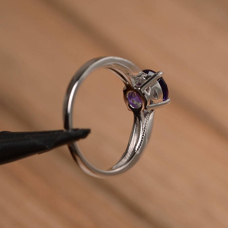 natural amethyst ring engagement ring solitaire ring sterling silver ring February birthstone ring round cut purple gemstone ring