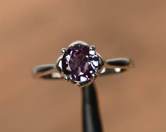 round cut alexandrite wedding rings color changing gemstone sterling silver rings June birthstone ring