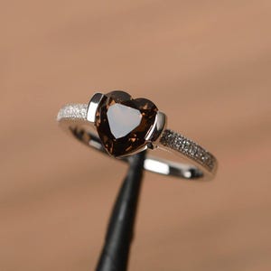 natural smoky quartz ring proposal ring  heart cut brown gemstone sterling silver ring