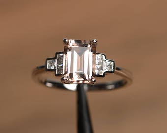natural pink morganite ring morganite engagement ring emerald cut pink gemstone sterling silver