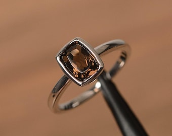 smoky quartz ring cushion cut brown gemstone ring sterling silver ring engagement ring for her