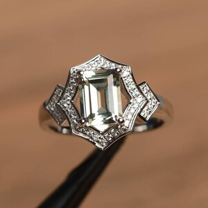 green amethyst ring emerald cut green gemstone sterling silver engagement ring