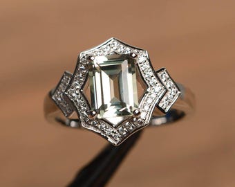 green amethyst ring emerald cut green gemstone sterling silver engagement ring