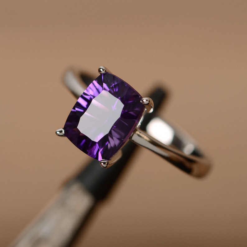 natural gemstone amethyst ring February birthstone ring cushion cut ring solitaire ring promise ring for her