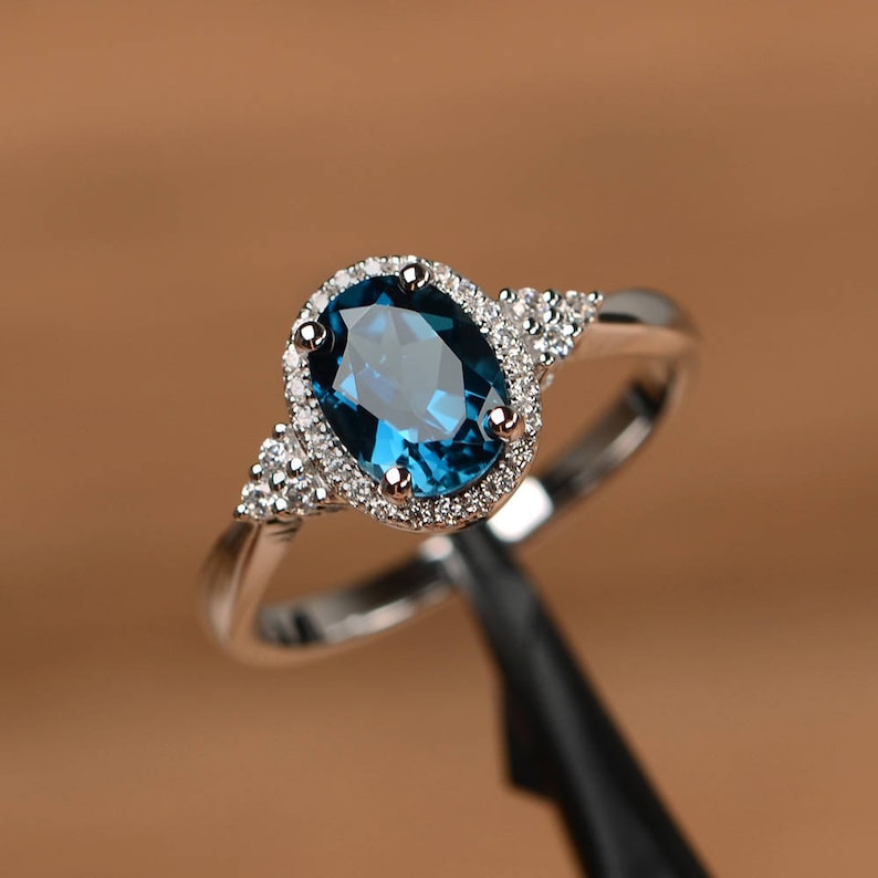 London blue topaz wedding ring oval halo engagement rings solid sterling silver November birthstone image 2