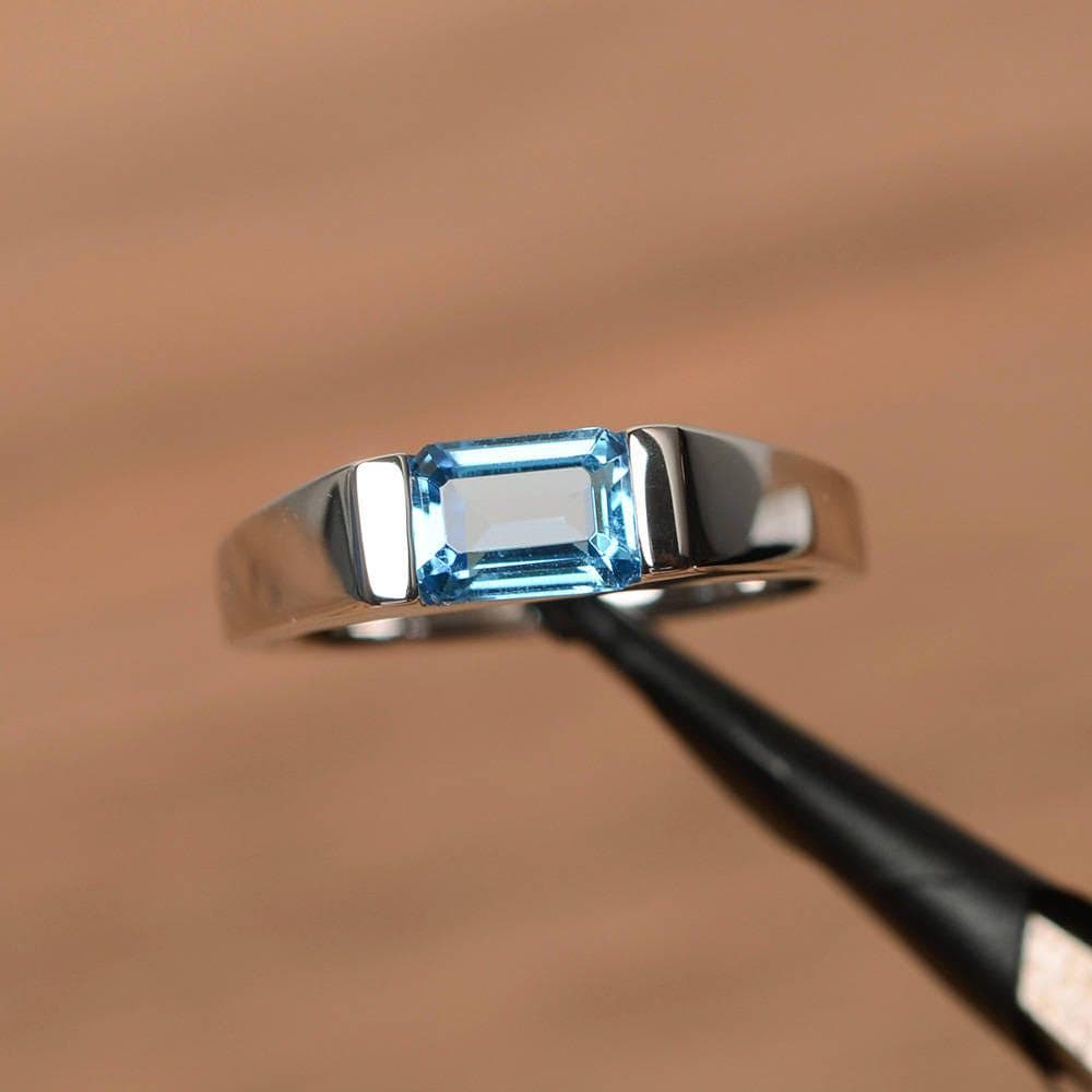Swiss blue topaz wedding ring blue gemstone sterling silver emerald cut horizontal solitaire ring