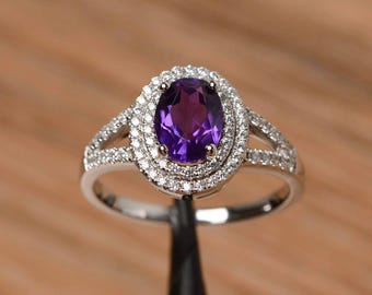 halo natural amethyst ring wedding ring February birthstone sterling silver ring oval cut purple gemstone ring