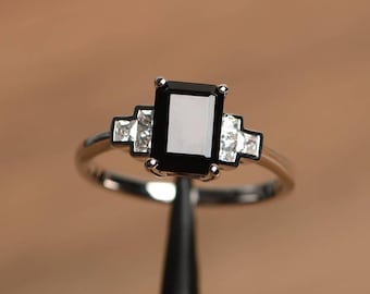 natural black spinel ring emerald cut black gemstone sterling silver engagement ring
