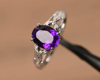 natural amethyst ring engagement ring oval cut sterling silver ring purple gemstone ring February birthstone ring