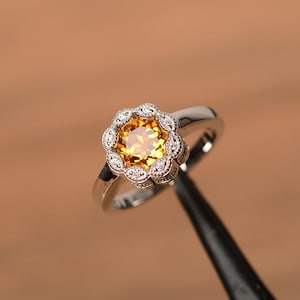 round citrine promise sterling silver floral milgrain ring November Birthstone