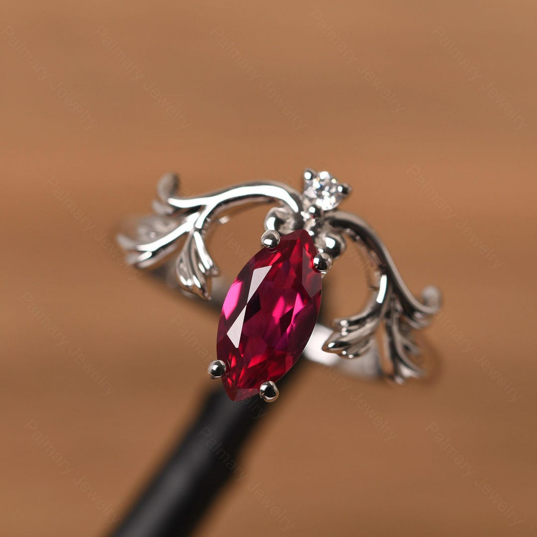 Retro Ruby Ring Marquise Cut Sterling Silver Leaf Statement Ring July ...