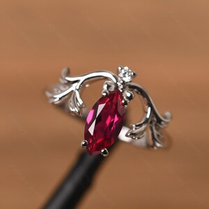 retro robijn ring marquise geslepen sterlingzilveren blad statement ring juli geboortesteen ring