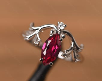 retro robijn ring marquise geslepen sterlingzilveren blad statement ring juli geboortesteen ring