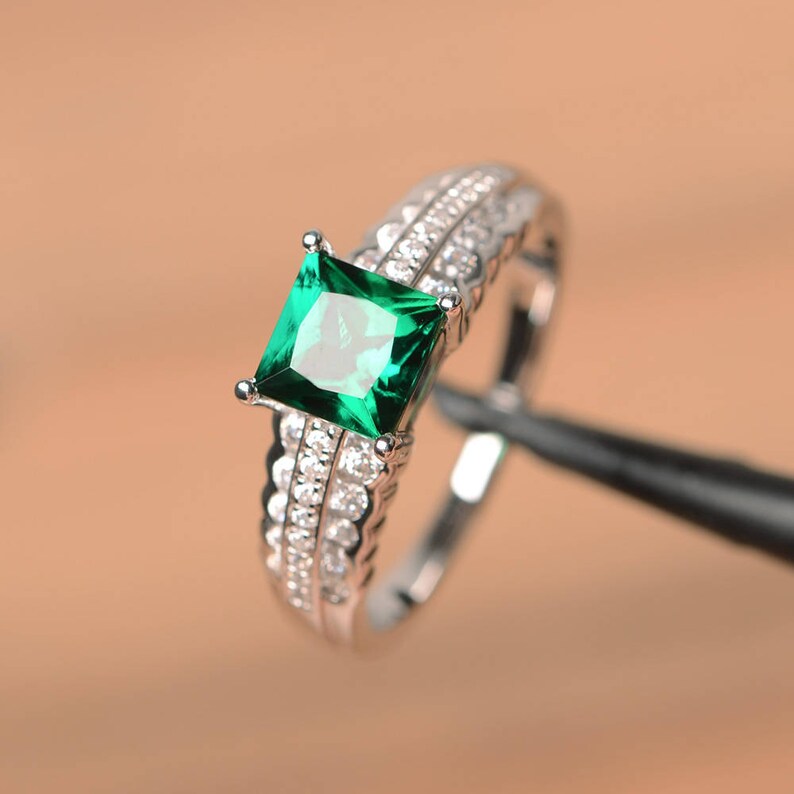 emerald ring promise ring May birthstone princess cut gems green gemstone sterling silver ring