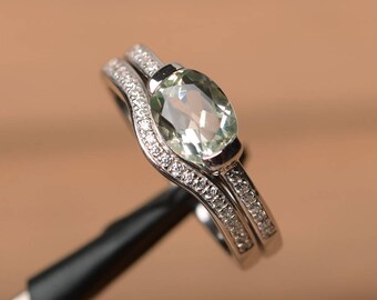 natural green amethyst ring wedding ring oval cut green gemstone bridal sets sterling silver ring