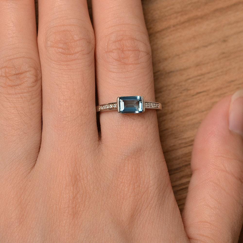 London Blue Topaz Ring Emerald Cut Sterling Silver Ring Engagement Ring ...
