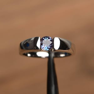 alexandrite ring June birthstone round cut gemstone ring sterling silver solitaire engagement ring for women