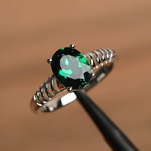 emerald ring May birthstone oval cut green gemstone sterling silver solitaire engagement ring