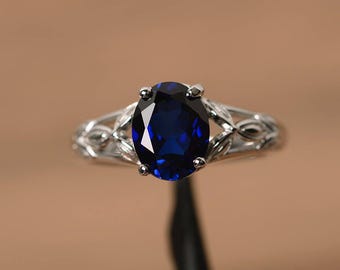 Lab Sapphire Engagement Ring, Oval Sterling Silver, September Birthstone