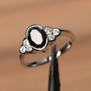 natural black spinel ring anniversary ring oval cut gemstone black gemstone sterling silver ring
