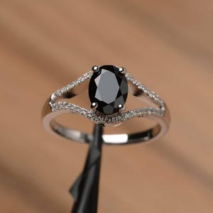 genuine natural black spinel ring promise party ring sterling silver oval cut black gemstone ring