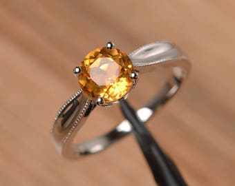 citrine ring sterling silver round cut solitaire engagement ring for women November birthstone