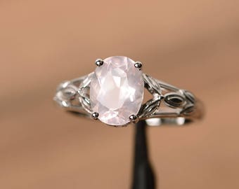 pink quartz ring for women oval cut sterling silver solitaire engagement ring for women