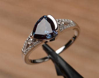 lab alexandrite ring engagement ring trillion cut sterling silver ring color changeable gemstone ring June birthstone ring