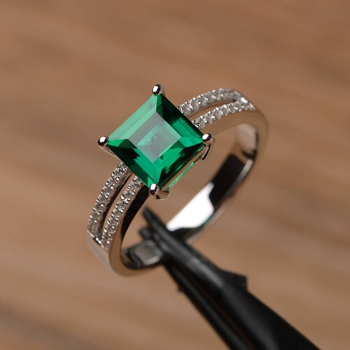 Lab Emerald Engagement Ring Sterling Silver Emerald Shaped Etsy