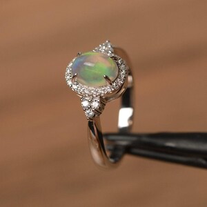 natural opal ring silver halo ring oval cut white opal engagement ring natural gemstone rings for women October birthstone image 2