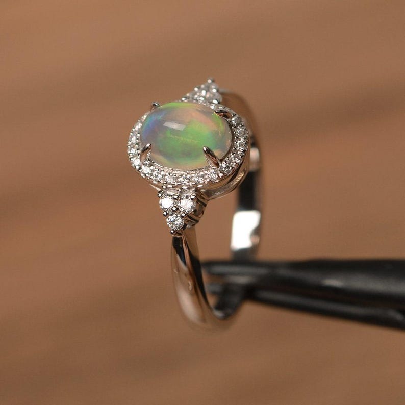 natural opal ring silver halo ring oval cut white opal engagement ring natural gemstone rings for women October birthstone image 2