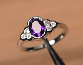 wedding ring natural amethyst ring oval cut gemstone February birthstone purple gemstone sterling silver ring