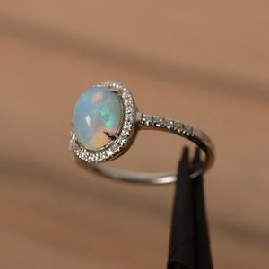 Oval Cut Opal Anniversary Ring 14k White Gold Halo October Birthstone ...